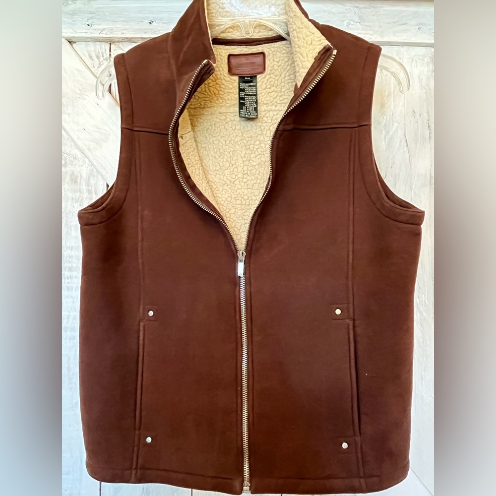 Lauren Ralph Lauren Brown Suede Like Sherpa Lined Full Zip Vest Size Petite P